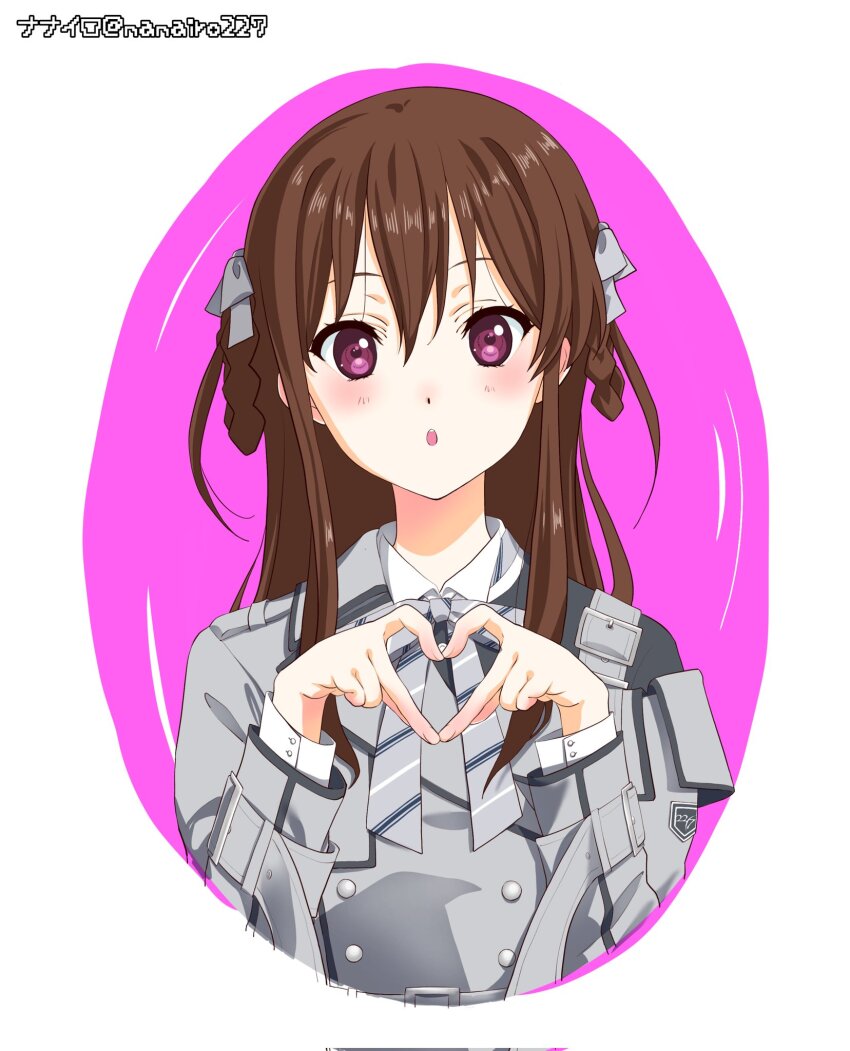 1girl 22/7 artist_name blush border braid braided_hair_rings brown_hair dress grey_dress grey_ribbon hair_between_eyes hair_ribbon hair_rings heart heart_hands highres kamisama_datte_kimerarenai long_hair long_sleeves looking_at_viewer nanairo_(nanairo227) pink_background ribbon shirt solo tachikawa_ayaka twin_braids two_side_up upper_body white_border white_shirt