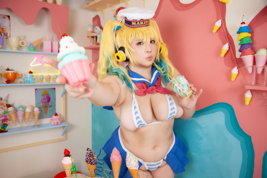 1girl asian blonde_hair breasts chouzuki_maryou cosplay female_focus food highres ice_cream lipstick makeup nitroplus photo_(medium) plump solo super_pochaco super_pochaco_(cosplay) thick_thighs thighs