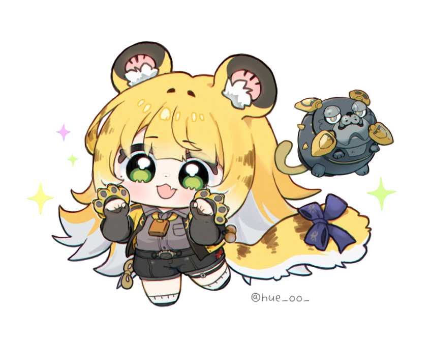 1girl animal_ear_fluff animal_ears blonde_hair blur_censor censored chibi covered_groin green_eyes high-waist_shorts hue_oo jacket ju_fufu long_hair looking_at_viewer orange_fur purring shorts smile solo striped_fur striped_hair tail tail_ornament tiger_ears tiger_girl tiger_tail zenless_zone_zero