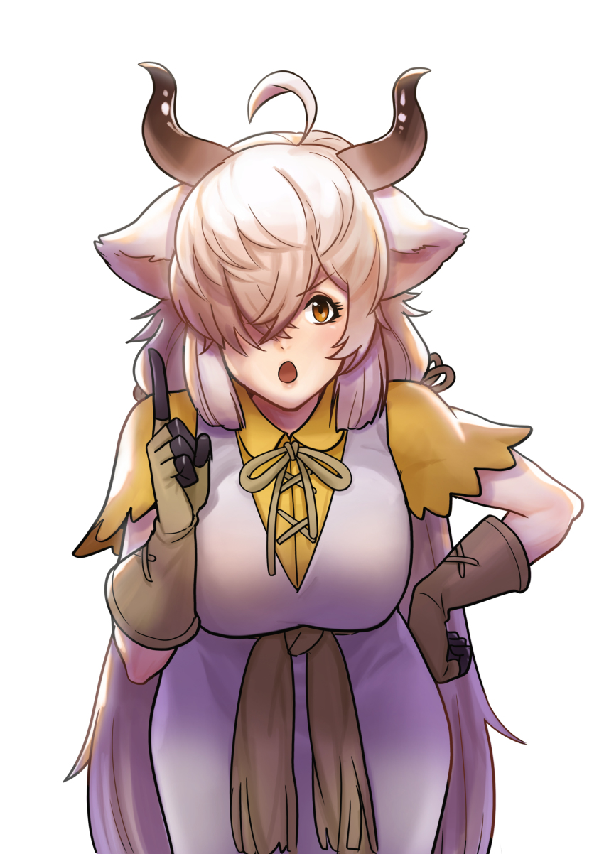 1girl :o absurdres ahoge animal_ears blonde_hair breasts brown_eyes commentary_request gloves hair_over_one_eye hand_on_own_hip highres horns index_finger_raised kemono_friends korean_commentary large_breasts leaning_forward long_hair looking_at_viewer ox_ears ox_girl ox_horns roonhee simple_background solo very_long_hair white_background yak_(kemono_friends)