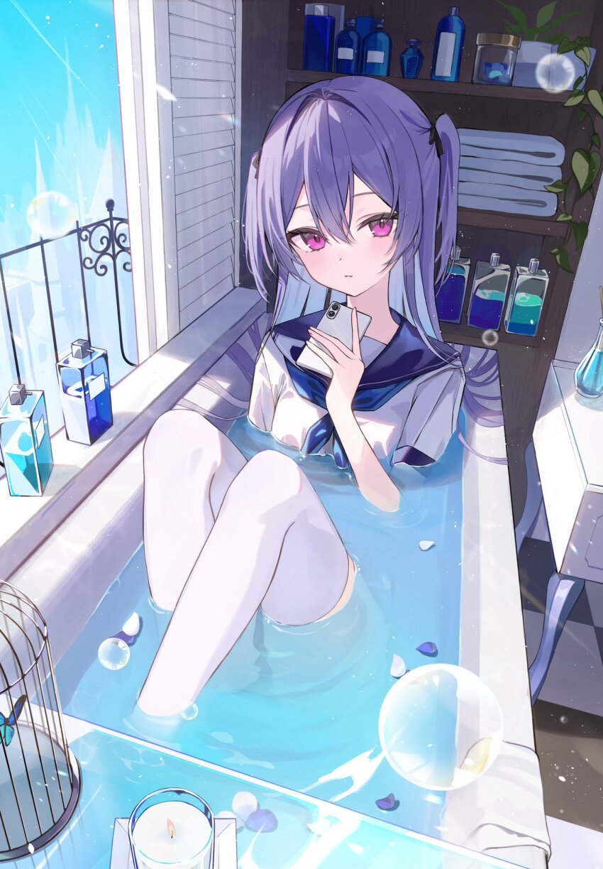 1girl asashin_(asn) bathtub birdcage blue_butterfly blue_neckerchief blue_sailor_collar blue_sky blush bottle bubble bug butterfly cabinet cage candle cellphone closed_mouth commentary day expressionless glass hair_between_eyes hair_spread_out hand_up highres holding holding_phone indoors insect jar knees_up lens_flare light_particles long_hair looking_at_viewer neckerchief open_window original partially_submerged petals petals_on_liquid phone plant potted_plant purple_eyes purple_hair railing sailor_collar shirt short_sleeves sitting sky smartphone soap_bottle solo symbol-only_commentary table thighhighs thighs tile_floor tiles towel two_side_up very_long_hair water wet white_shirt white_thighhighs window