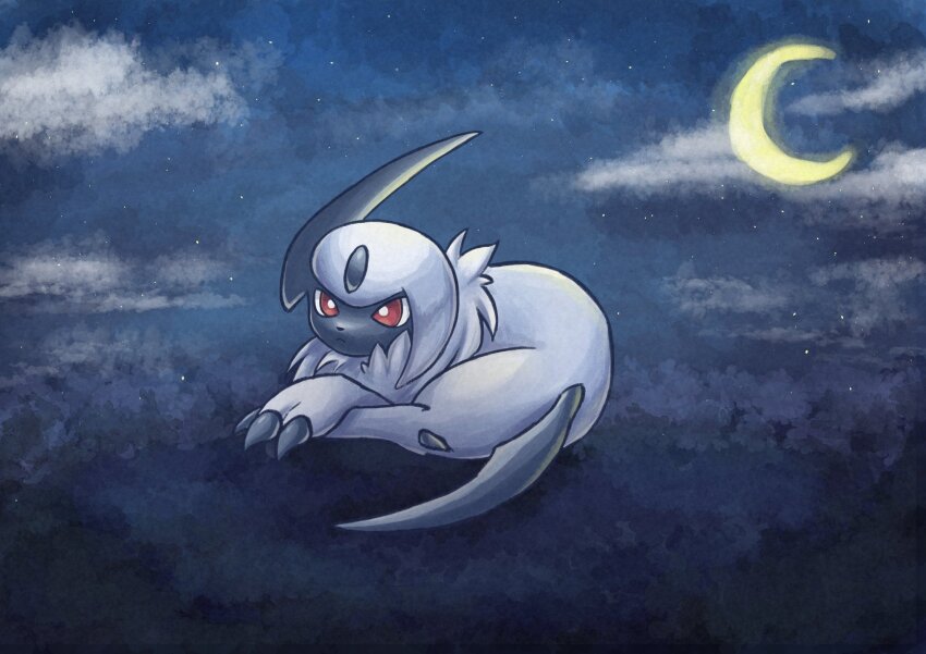 absol claws closed_mouth cloud forehead_jewel gen_3_pokemon highres horns lying moon nintendo no_humans pokemon pokemon_(creature) red_eyes single_horn solo soruva_359 white_hair
