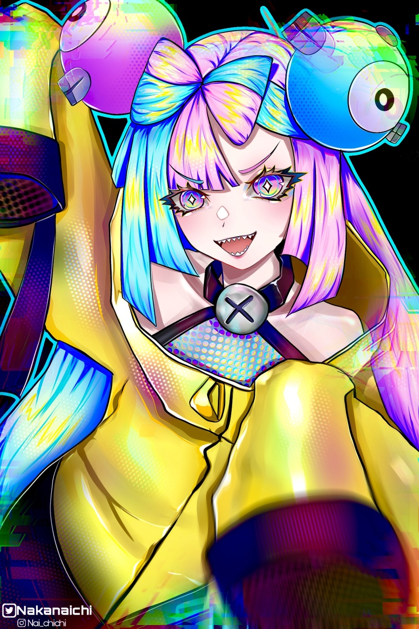 1girl colorful creatures_(company) fangs game_freak hair_ornament highres iono_(pokemon) jacket leather leather_jacket lightning multicolored_eyes nakanaichi nintendo pokemon pokemon_sv rainbow_eyes self-upload sharp_teeth simple_background solo tagme teeth