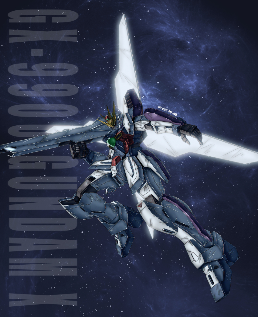 absurdres after_war_gundam_x artist_name green_eyes gundam gundam_x highres kainansang looking_down mecha mobile_suit no_humans robot science_fiction shoulder_cannon solo space v-fin