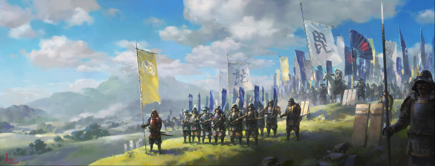 6+boys armor army banner blue_sky cloud cloudy_sky commentary day highres horse horseback_riding japanese_armor katana ling_xiang male_focus mountain multiple_boys outdoors people real_life riding scenery sky sword uesugi_kenshin valley weapon