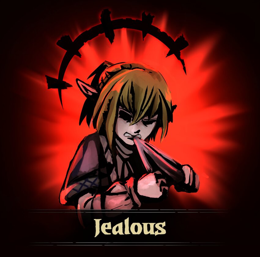 1girl 4rdilla absurdres affliction_(darkest_dungeon) arm_warmers backlighting black_background blonde_hair closed_eyes cropped_torso dress english_text highres jealous long_sleeves mizuhashi_parsee pointy_ears red_background red_theme scarf solo touhou upper_body