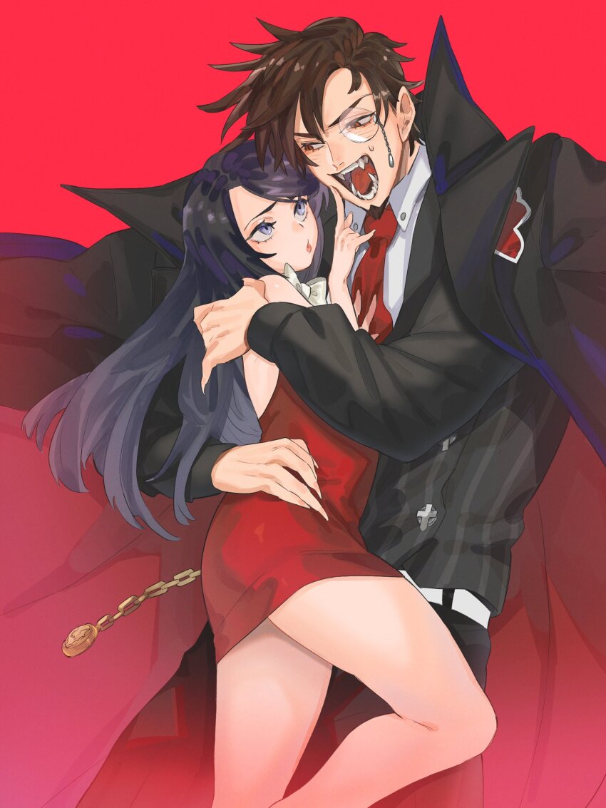 1boy 1girl aged_down beard black_hair brown_hair dress facial_hair formal_clothes guilty_gear guilty_gear_strive highres husband_and_wife luci_omi_gusu monocle monocle_chain necktie sharon_(guilty_gear) slayer_(guilty_gear) suit vampire