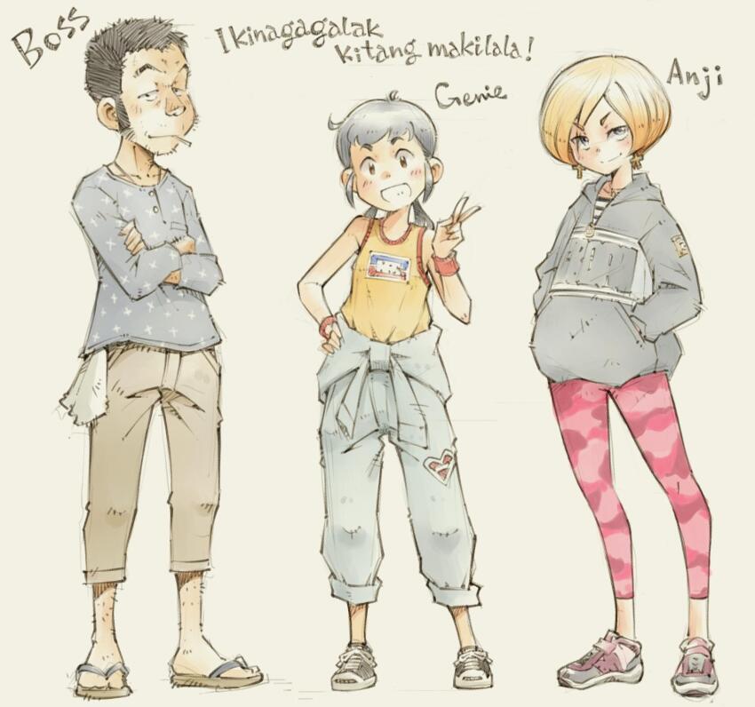 1boy 2girls anji_(genie&#039;s_motorcycle_life) black_footwear black_hair blonde_hair blue_jumpsuit blue_shirt boss_(genie&#039;s_motorcycle_life) brown_pants camouflage camouflage_pants cargo_pants cigarette commentary crossed_arms english_commentary full_body genie&#039;s_motorcycle_life genie_(genie&#039;s_motorcycle_life) grey_hoodie grin highres hood hoodie jumpsuit jumpsuit_around_waist light_blush looking_at_viewer low_twintails multiple_girls pants pink_pants pink_shoes print_shirt sandals sekihan shirt shoes short_hair simple_background smile sneakers tachi-e tagalog_text tank_top translated twintails v white_background yellow_tank_top