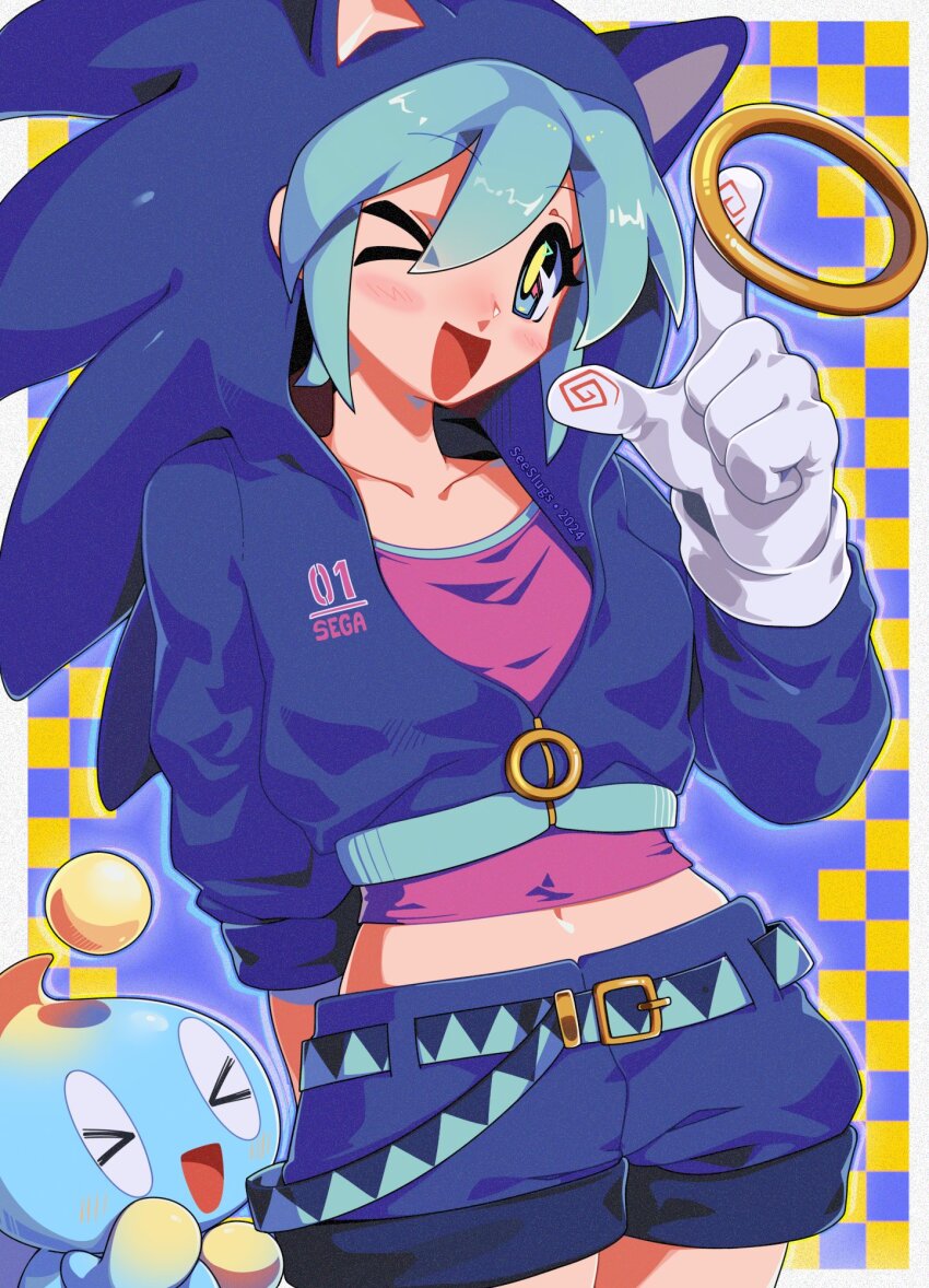 1girl :d animal_ears animal_hood aqua_belt aqua_eyes aqua_hair arm_behind_back artist_name belt blue_background blue_belt blue_jacket blue_shorts blush_stickers border chao_(sonic) checkered_background collarbone commentary company_name cosplay cowboy_shot crop_top dated english_commentary fake_animal_ears film_grain gloves hair_between_eyes hatsune_miku hatsune_miku_(sonic_style) highres hood hood_up hooded_jacket index_finger_raised jacket midriff navel neutral_chao official_alternate_costume one_eye_closed open_mouth partially_open_jacket pink_shirt project_diva_(series) puffy_shorts ring_(sonic) seeslugs shirt short_hair shorts smile sonic_(series) sonic_the_hedgehog sonic_the_hedgehog_(cosplay) vocaloid white_border white_gloves yellow_background