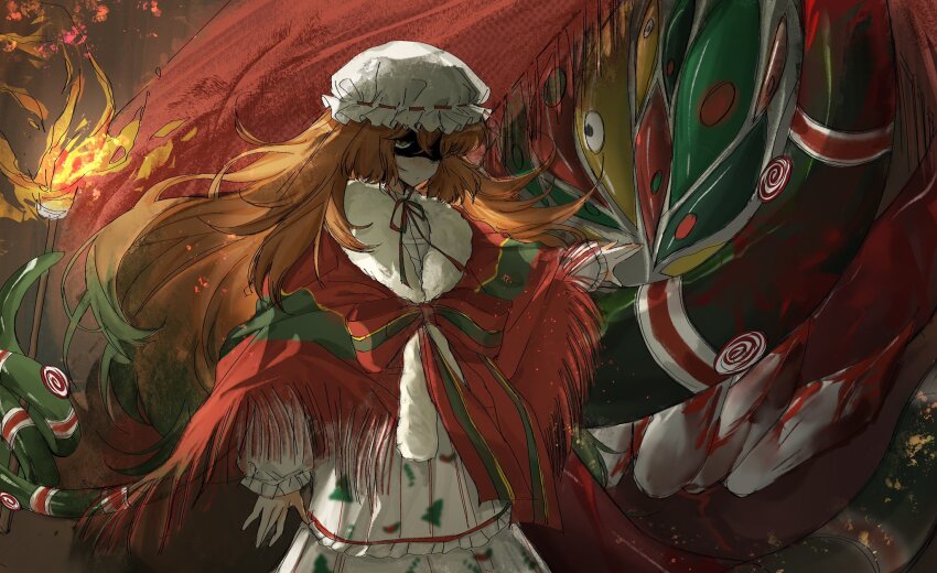 1girl blood bow bowtie christmas_nightmare_(e.g.o) closed_mouth dress e.g.o_(project_moon) food frilled_sleeves frills green_eyes hat highres humian0101 ishmael_(project_moon) limbus_company long_hair looking_to_the_side marshmallow mob_cap neck_ribbon orange_hair project_moon ribbon shaded_face sidelocks solo striped_bow striped_bowtie striped_clothes striped_shawl teeth tentacles very_long_hair white_dress white_hat