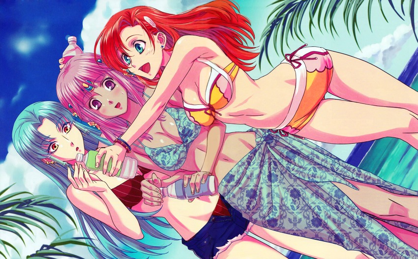 3girls aqua_hair ariel_org banpresto bare_legs bare_shoulders beach bikini bikini_skirt bikini_top_only blush bottle bracelet breasts cleavage cliana_rimskaya cloud dark-skinned_female dark_skin denim denim_shorts earrings glacies green_eyes hair_ornament highres huge_filesize jewelry long_hair medium_breasts multiple_girls navel ocean open_mouth orange_hair pink_eyes pink_hair purple_eyes purple_hair real_robot_regiment sarong short_shorts shorts skirt sky smile super_robot_wars super_robot_wars_destiny super_robot_wars_original_generation swimsuit the_2nd_super_robot_wars_og thigh_gap thighs water water_bottle yellow_eyes
