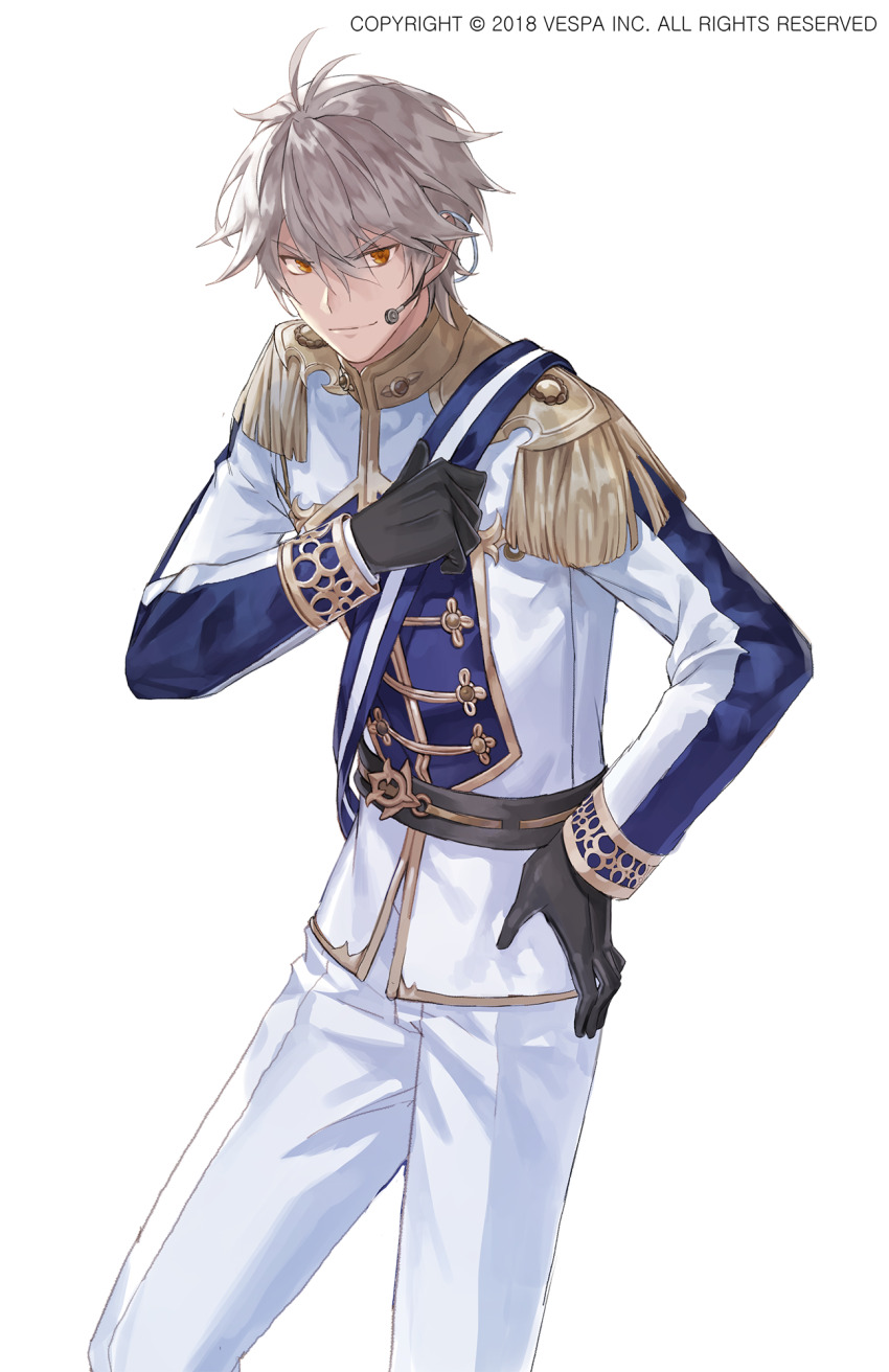 1boy ahoge black_gloves blue_sash blue_shirt commentary_request cowboy_shot epaulettes fringe_trim gloves gold_trim grey_hair hand_on_own_chest hand_on_own_hip highres idol idol_clothes jaeyun king&#039;s_raid microphone mitra_(king&#039;s_raid) multicolored_shirt official_alternate_costume official_art orange_eyes pants sash shirt smirk solo striped_sash white_pants white_sash white_shirt