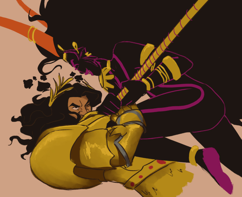 1boy 1girl absurdly_long_hair alien anklet armlet armor black_bodysuit black_hair black_skin bodysuit bracelet colored_skin commentary cropped_legs crossover double-sided_polearm earrings emperor_of_mankind english_commentary fighting fin_piercing fins glaring gold_anklet gold_armlet gold_armor gold_bracelet gold_earrings gold_tiara head_fins head_wreath the_condesce highres hobsyllwin holding holding_polearm holding_weapon homestuck horns jewelry laurel_crown long_hair orange_horns pink_background pink_bodysuit pink_lips pink_stripes polearm power_armor science_fiction simple_background sketch spade_(shape) tiara two-tone_bodysuit very_long_hair warhammer_40k weapon