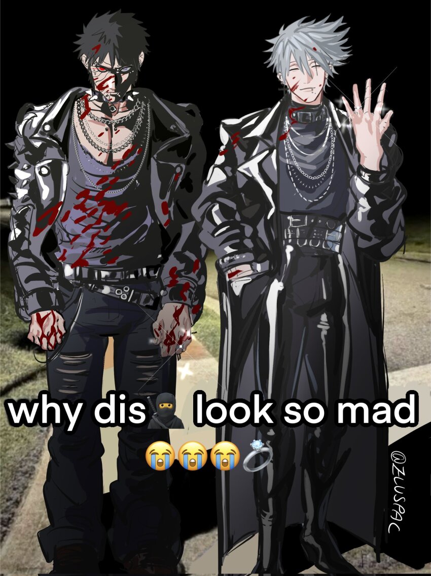 2boys alternate_costume belt black_coat black_pants blood blood_on_clothes blood_on_face blood_on_hands boots clenched_hands closed_eyes closed_mouth coat collar earrings eluspac_maru full_body grey_hair hand_in_pocket hatake_kakashi heterochromia highres husband_and_husband jewelry long_sleeves looking_at_viewer male_focus meme mole mole_under_mouth multiple_belts multiple_boys naruto_(series) naruto_shippuuden necklace pants piercing red_eyes ring rinnegan scar scar_across_eye scar_on_face sharingan shirt short_hair smile spiked_collar spikes torn_clothes torn_pants uchiha_obito why_dis_ninja_look_so_mad_(meme) yaoi