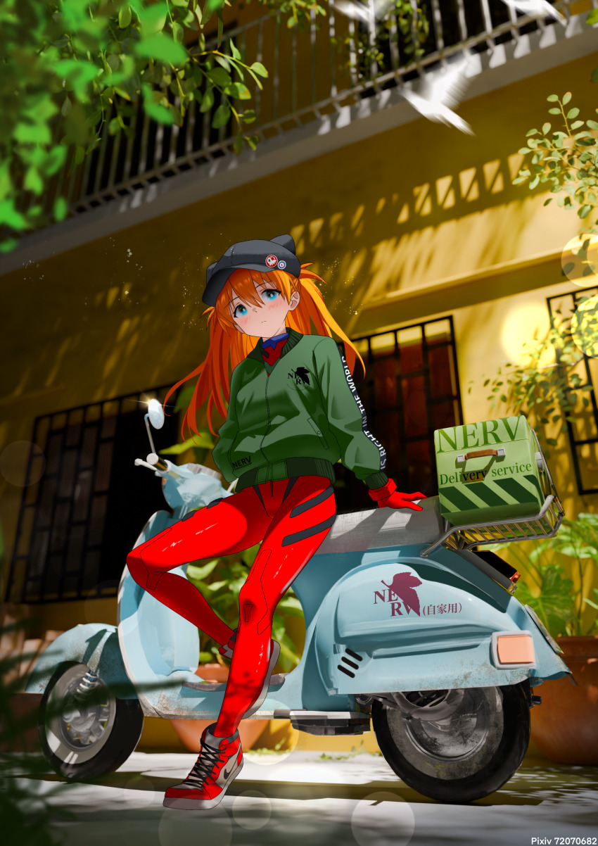 1girl absurdres aqua_eyes black_hat bodysuit botttomtext closed_mouth delivery english_text full_body gloves green_jacket hair_between_eyes hat highres jacket long_hair motor_vehicle neon_genesis_evangelion orange_hair red_bodysuit red_gloves red_shoes scooter shoes sneakers solo souryuu_asuka_langley