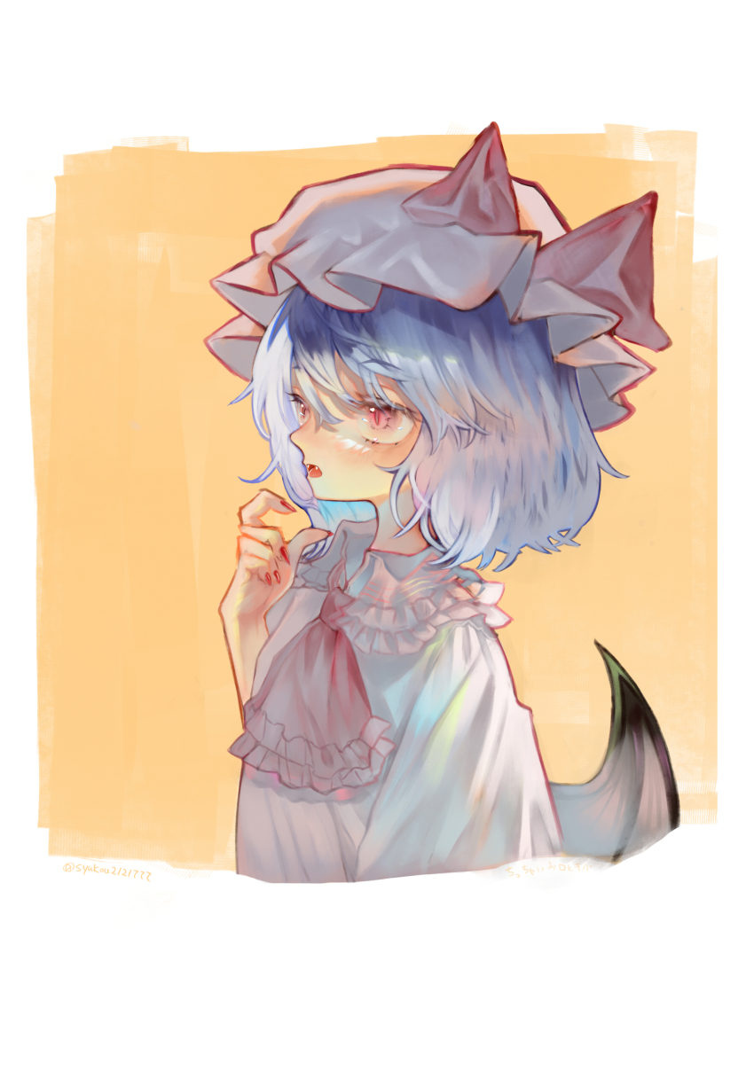 1girl absurdres ascot bat_wings collared_shirt commentary fangs frilled_hat frilled_shirt frills hair_between_eyes hair_ribbon hat highres mob_cap nail_polish necktie open_mouth pink_shirt purple_hair red_ascot red_eyes red_necktie red_ribbon remilia_scarlet ribbon shirt short_hair solo syukou touhou white_hat wings
