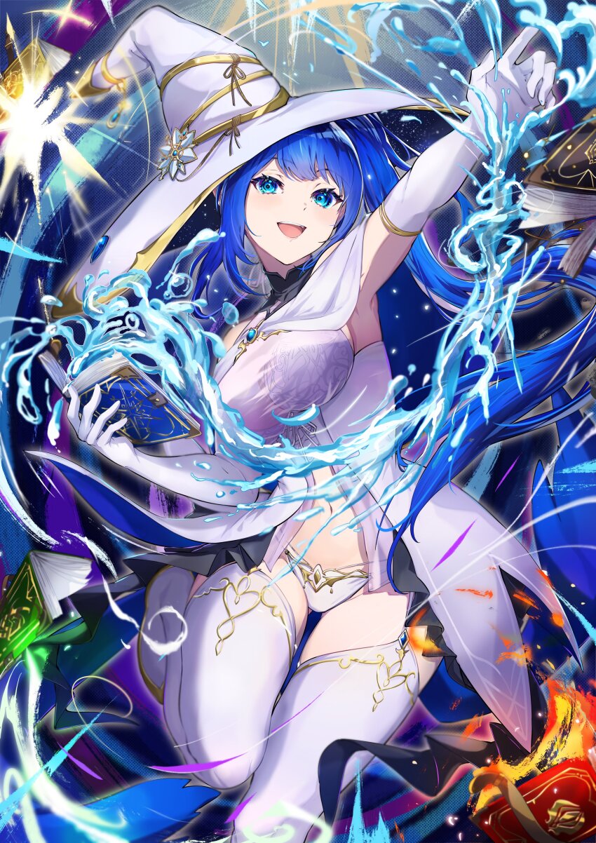 1girl :d absurdres alyssa_(specktech) blue_eyes blue_hair book breasts commentary commission dress elbow_gloves english_commentary gloves hat hidanegi highres holding holding_book hydrokinesis large_breasts long_hair magic navel open_mouth original panties second-party_source sidelocks skeb_commission smile solo standing standing_on_one_leg thighhighs tongue underwear water white_dress white_gloves white_hat white_panties white_thighhighs witch witch_hat