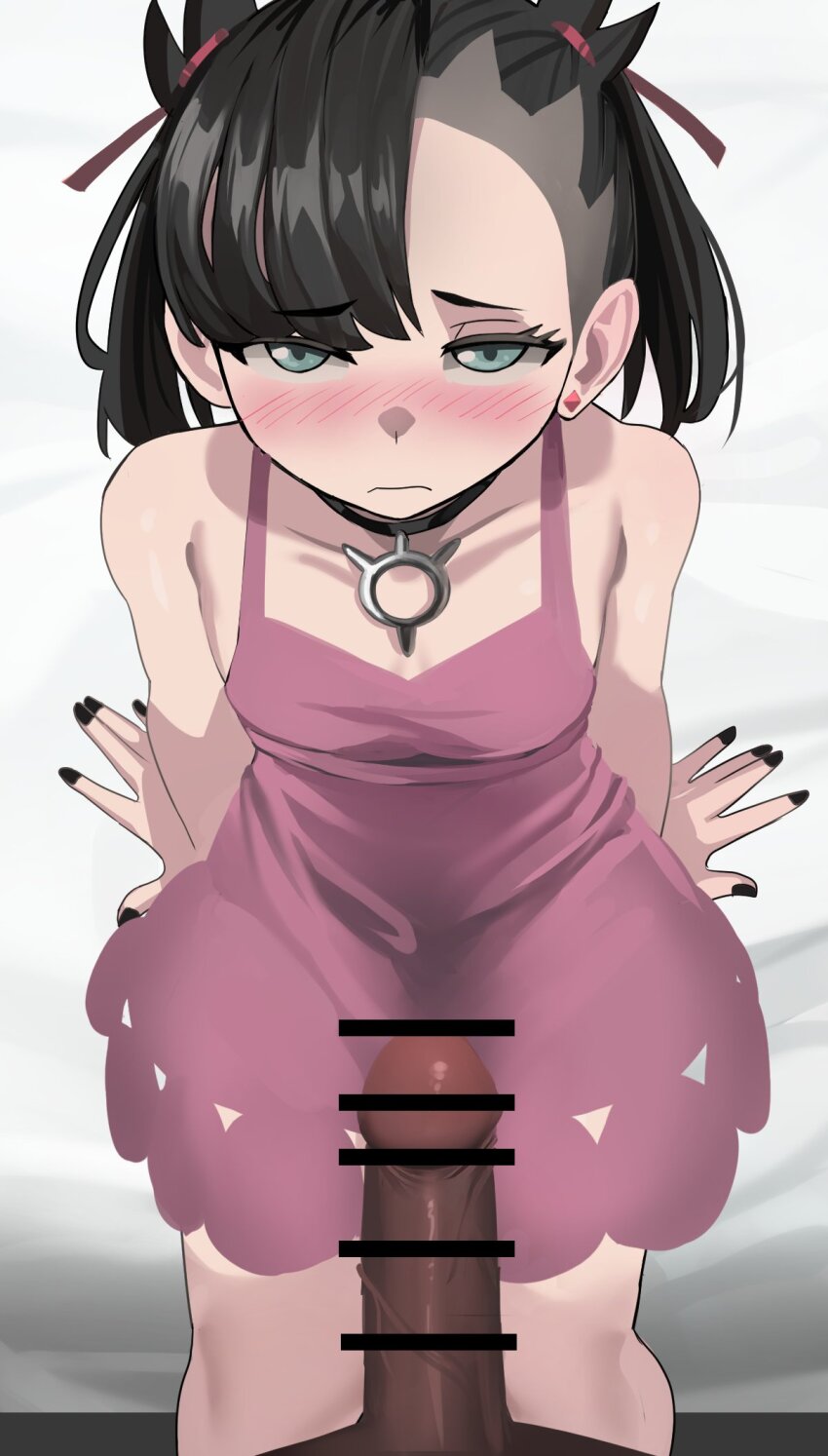 1boy 1girl asymmetrical_bangs bar_censor black_choker black_hair black_nails blush breasts censored choker closed_mouth collarbone creatures_(company) dark-skinned_male dark_penis dark_skin dress ear_piercing earrings game_freak green_eyes hair_ribbon hetero highres interracial jewelry jourd4n large_penis looking_at_viewer marnie_(pokemon) nintendo penis piercing pink_dress pokemon pokemon_swsh pov pov_crotch raised_eyebrows ribbon shy single_earring small_breasts twintails undercut very_dark_skin