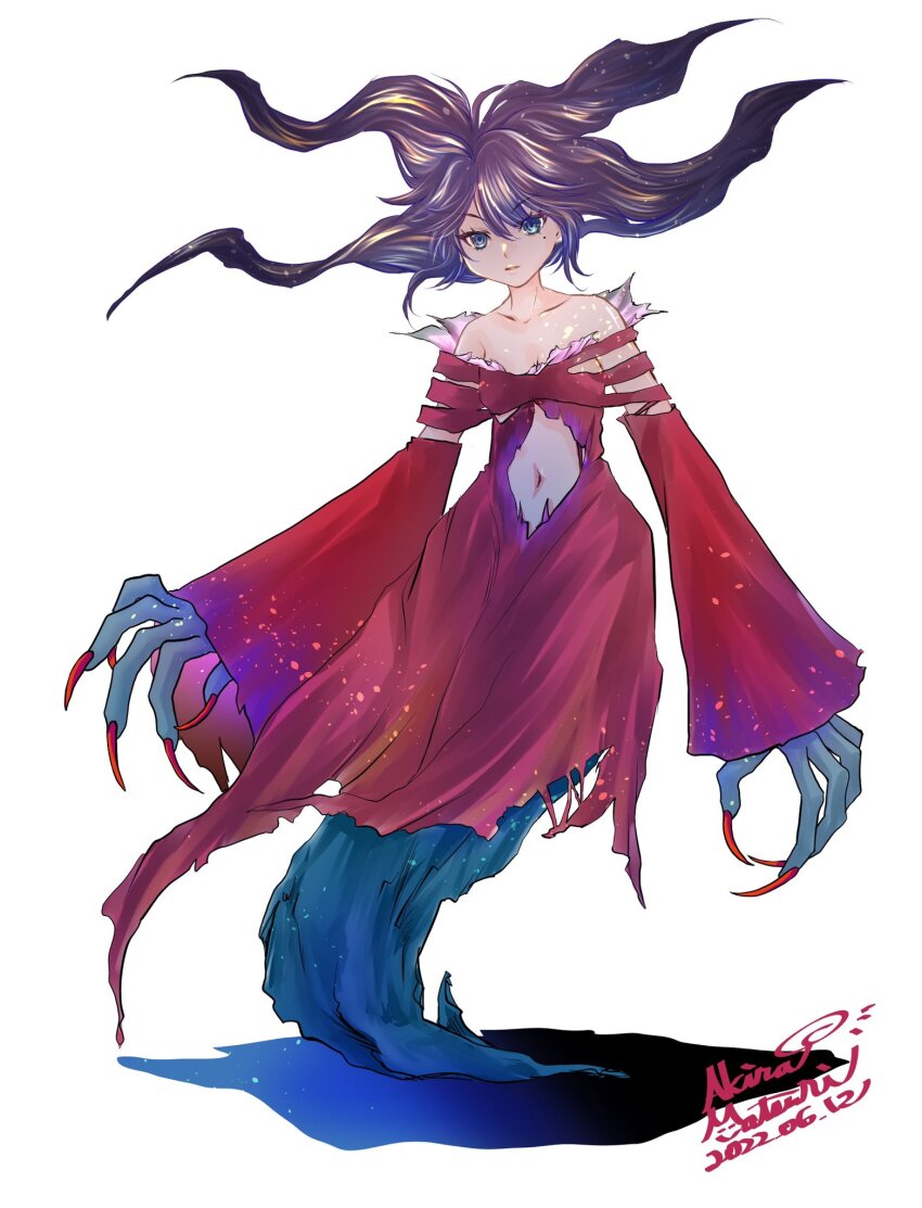 1girl akira_matsuri bare_shoulders breasts brown_hair claws cosplay dated eve_(parasite_eve) fingernails full_body highres kson long_fingernails long_hair looking_at_viewer mole mole_under_eye monster_girl navel parasite_eve_(series) parasite_eve_i sharp_fingernails simple_background solo tail virtual_youtuber vshojo white_background