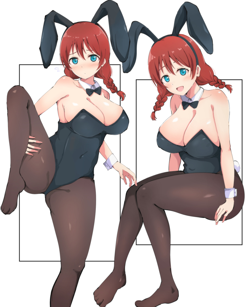 absurdres animal_ears black_leotard black_pantyhose blue_eyes braid emma_verde fake_animal_ears highres leotard love_live! love_live!_nijigasaki_high_school_idol_club pantyhose playboy_bunny rabbit_ears rabbit_tail red_hair standing standing_on_one_leg tail twin_braids wewe wrist_cuffs