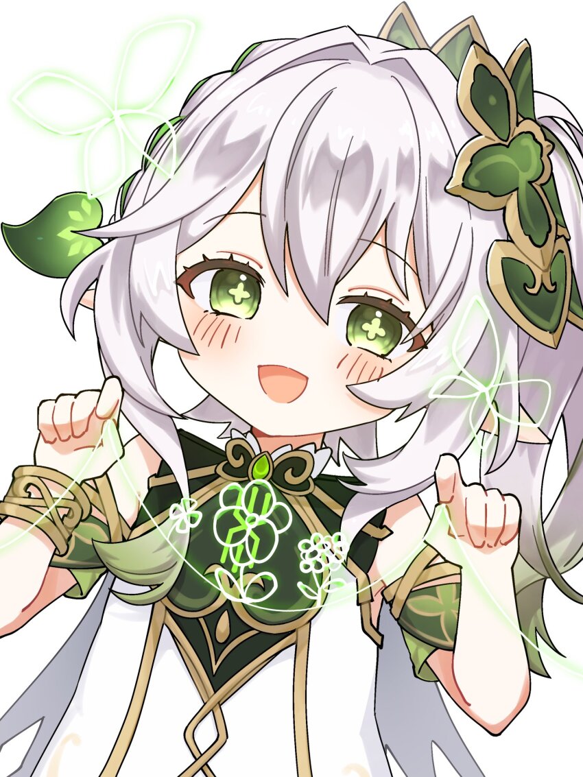 1girl cross-shaped_pupils detached_sleeves genshin_impact gradient_hair green_eyes green_hair green_sleeves hair_ornament half_crown_braid highres leaf_hair_ornament multicolored_hair nahida_(genshin_impact) pointy_ears side_ponytail sidelocks simple_background smile solo symbol-shaped_pupils wararimu white_background white_hair