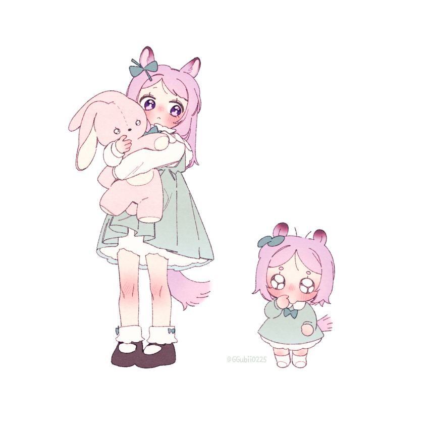 1girl age_comparison aged_down animal_ears baby bobby_socks child dress ggubii0225 green_dress highres horse_ears horse_girl horse_tail hugging_doll hugging_object long_sleeves mejiro_mcqueen_(umamusume) petticoat pink_hair purple_eyes simple_background socks standing stuffed_animal stuffed_rabbit stuffed_toy tail twitter_username umamusume white_background white_socks
