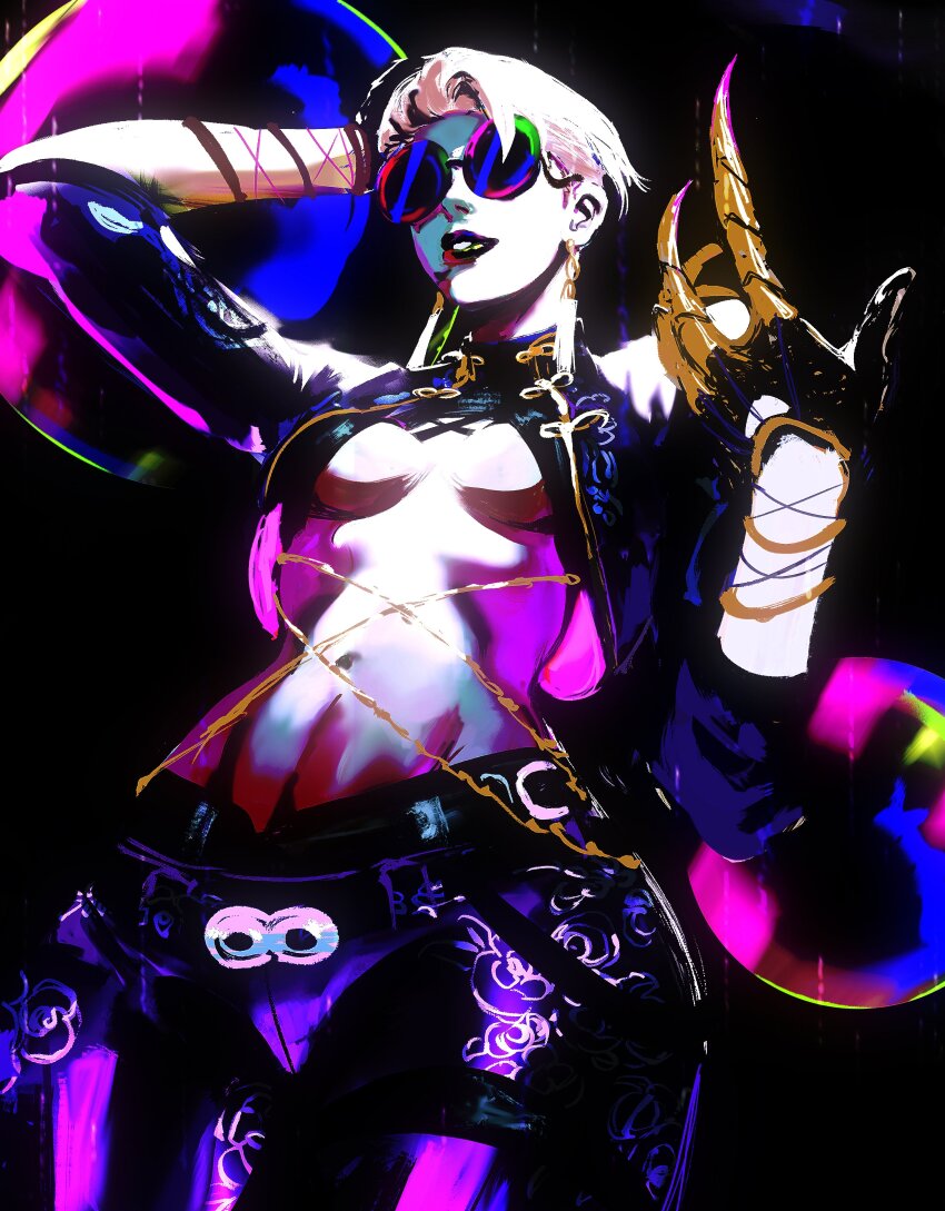 a.k.i._(street_fighter) absurdres albino belt bubble center_opening claw_(weapon) earrings gloves highres jacket jewelry leather leather_pants lipstick makeup mashingvaquita midriff muscular muscular_female navel official_alternate_costume open_clothes open_jacket pants psychedelic short_hair standing street_fighter street_fighter_6 sunglasses weapon