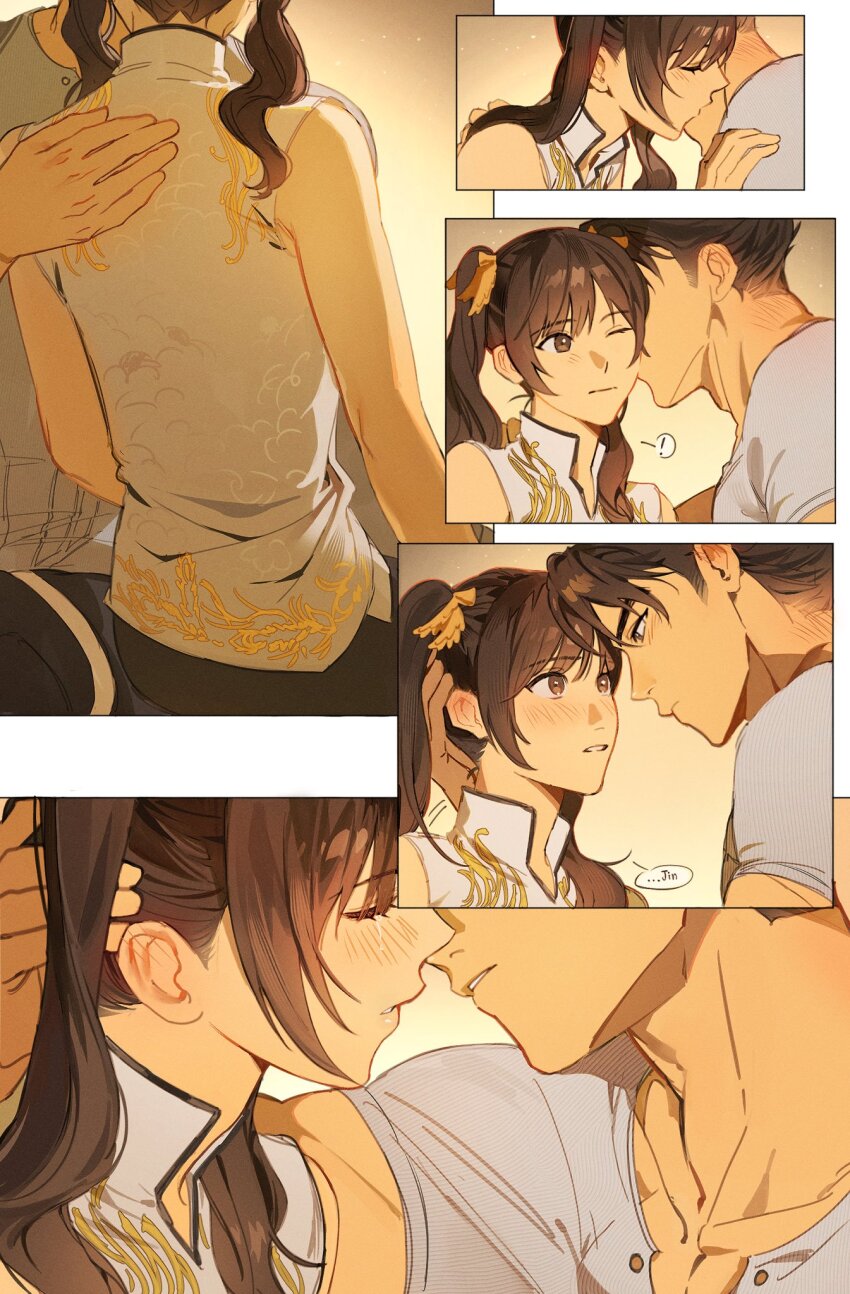 1boy 1girl blush brown_eyes brown_hair chinese_clothes closed_eyes comforting comic couple crying english_text gooseactivity imminent_kiss kazama_jin kiss kissing_cheek kissing_neck ling_xiaoyu looking_at_another mandarin_collar one_eye_closed panels scrunchie shirt sleeveless sleeveless_shirt teardrop tearing_up tears tekken tight_clothes tight_shirt twintails
