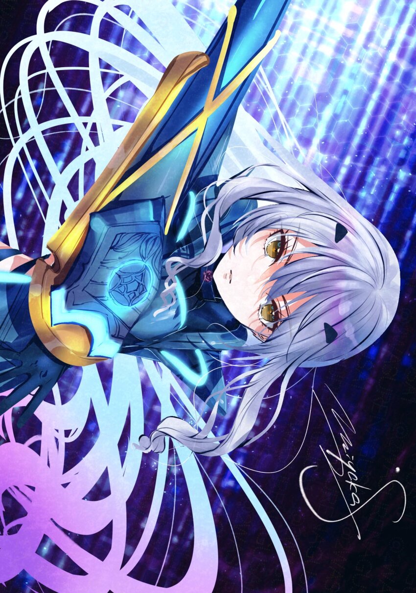 1girl adversarial_noise armor armored_dress blue_armor breastplate breasts dress expressionless fairy_sword_arondight fairy_sword_galatine fate/grand_order fate_(series) forked_eyebrows hair_between_eyes highres holding holding_sword holding_weapon long_hair looking_at_viewer melusine_(fate) melusine_(first_ascension)_(fate) miyaka_(58305841) shoulder_armor small_breasts solo sword weapon white_hair yellow_eyes
