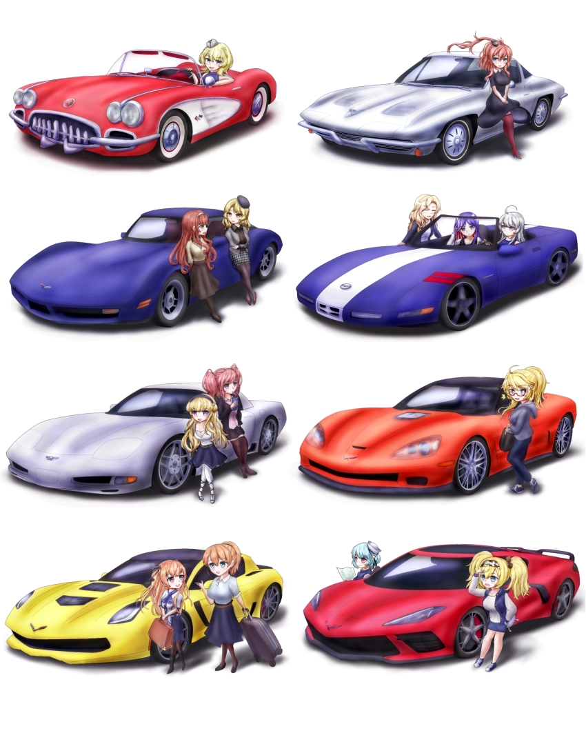 absurdres atlanta_(kancolle) car casual chevrolet_corvette chevrolet_corvette_c1 chevrolet_corvette_c5 chevrolet_corvette_c6 chevrolet_corvette_c7 chevrolet_corvette_c8 colorado_(kancolle) fletcher_(kancolle) gambier_bay_(kancolle) garrison_cap glasses hat helena_(kancolle) high_side_ponytail highres hood hoodie hornet_(kancolle) houston_(kancolle) intrepid_(kancolle) iowa_(kancolle) johnston_(anniversary)_(kancolle) johnston_(kancolle) kantai_collection leaning_against_vehicle map motor_vehicle ponytail saratoga_(kancolle) shunaberu simple_background south_dakota_(kancolle) star-shaped_pupils star_(symbol) suitcase symbol-shaped_pupils tagme vehicle_focus washington_(kancolle) white_background
