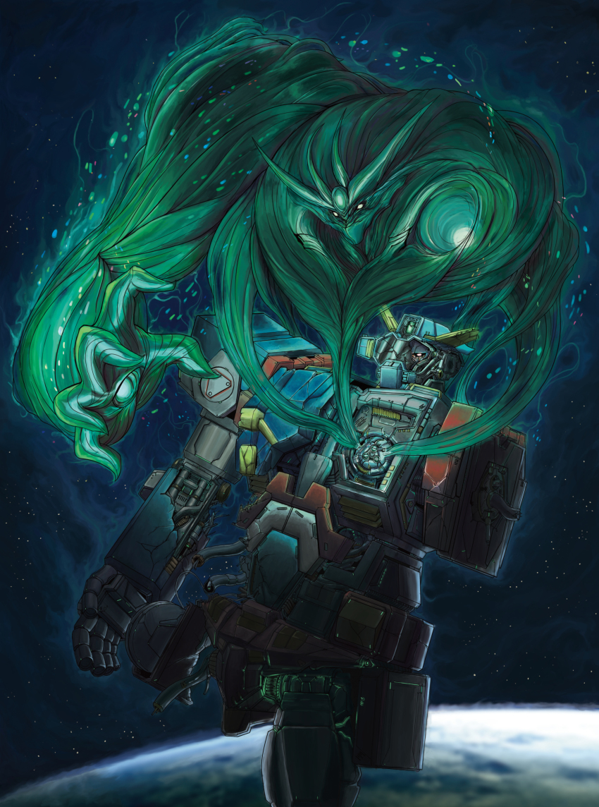 absurdres aura bad_id bad_pixiv_id banpreios broken crack cracked_glass earth_(planet) energy glowing glowing_eye highres k1kai mecha missing_limb no_humans planet robot space srx super_robot_wars super_robot_wars_alpha the_3rd_super_robot_wars_alpha