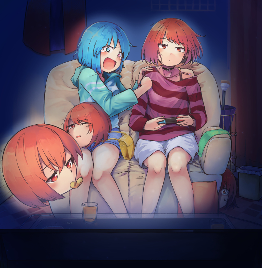 alternate_costume bag blue_eyes blue_hair bra casual chips_(food) choker controller couch cup curtains dark_room disembodied_head expressionless food garbage glass handbag highres hood hoodie ieknnig juice light night nintendo_switch red_eyes red_hair scared sekibanki sweater table tatara_kogasa tears television touhou tv umbrella underwear video_game window