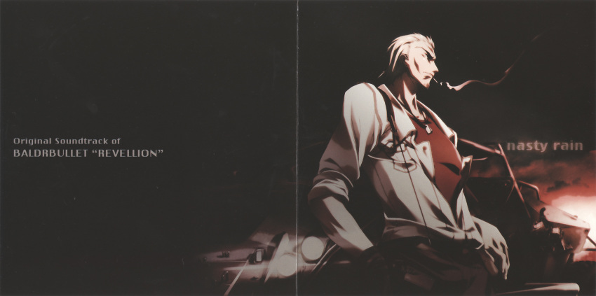 1boy album_cover baldr_(series) baldr_bullet black_gloves black_pants cigarette collarbone cover dog_tags dullahan_cunningham from_side gloves grey_jacket hands_in_pockets highres in_mouth jacket jewelry kikuchi_seiji limited_palette looking_up male_focus mecha necklace night night_sky official_art pants red_shirt robot scan shirt sky smoking solo suspenders