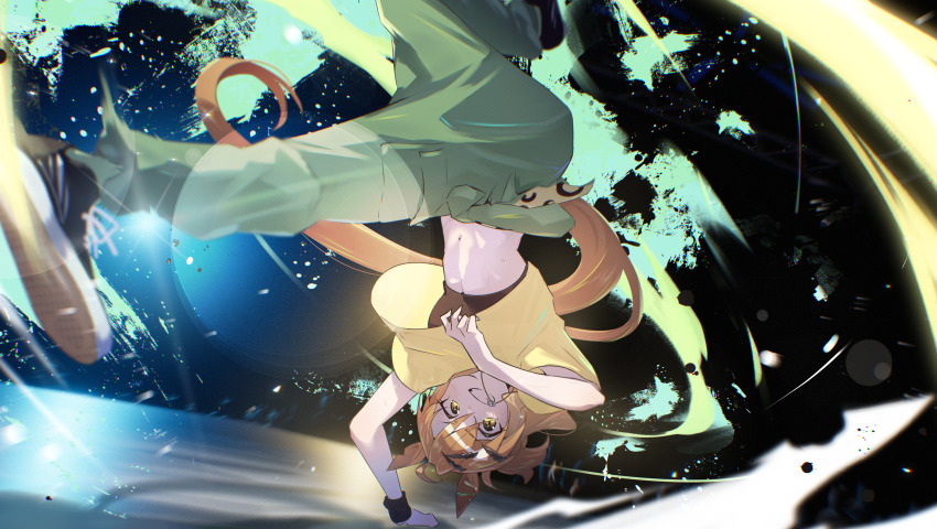 1girl absurdres animal_ears black_sports_bra breakdance brown_eyes brown_hair commentary_request green_pants handstand highres horse_ears horse_girl horse_tail jungle_pocket_(umamusume) long_hair looking_at_viewer multicolored_hair navel one_arm_handstand pants shirt shoes short_sleeves smile solo sports_bra stomach streaked_hair tail top-down_bottom-up umamusume white_hair yakousei_a yellow_shirt