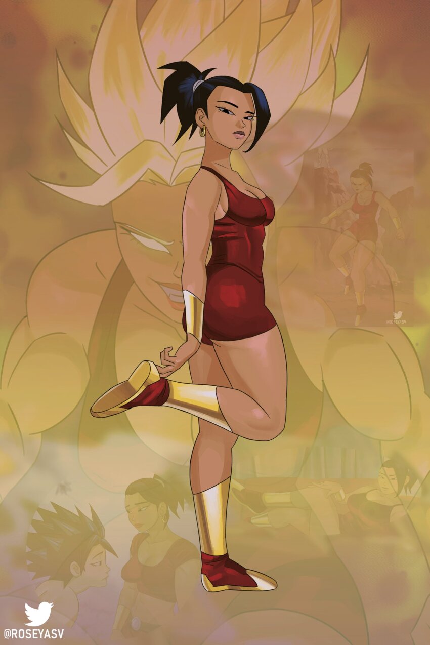 2girls black_hair caulifla dark-skinned_female dark_skin dragon_ball dragon_ball_super full_body hair_ornament highres kale_(dragon_ball) miniskirt multiple_girls red_skirt skirt smile super_saiyan