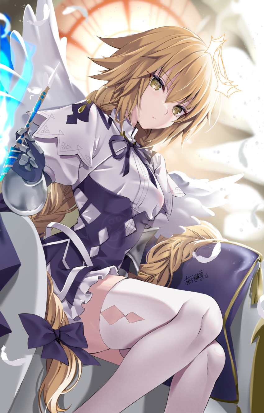 1girl akatsuki_hijiri blonde_hair blue_bow bow braid braided_ponytail closed_mouth couch dress fate/grand_order fate_(series) gauntlets hair_between_eyes hair_bow hair_ornament halo highres holding jeanne_d&#039;arc_(fate) legwear_cutout long_hair long_sleeves looking_at_viewer metatron_jeanne_(fate) metatron_jeanne_(first_ascension)_(fate) on_couch outdoors sitting solo thighhighs thighs very_long_hair white_thighhighs yellow_eyes