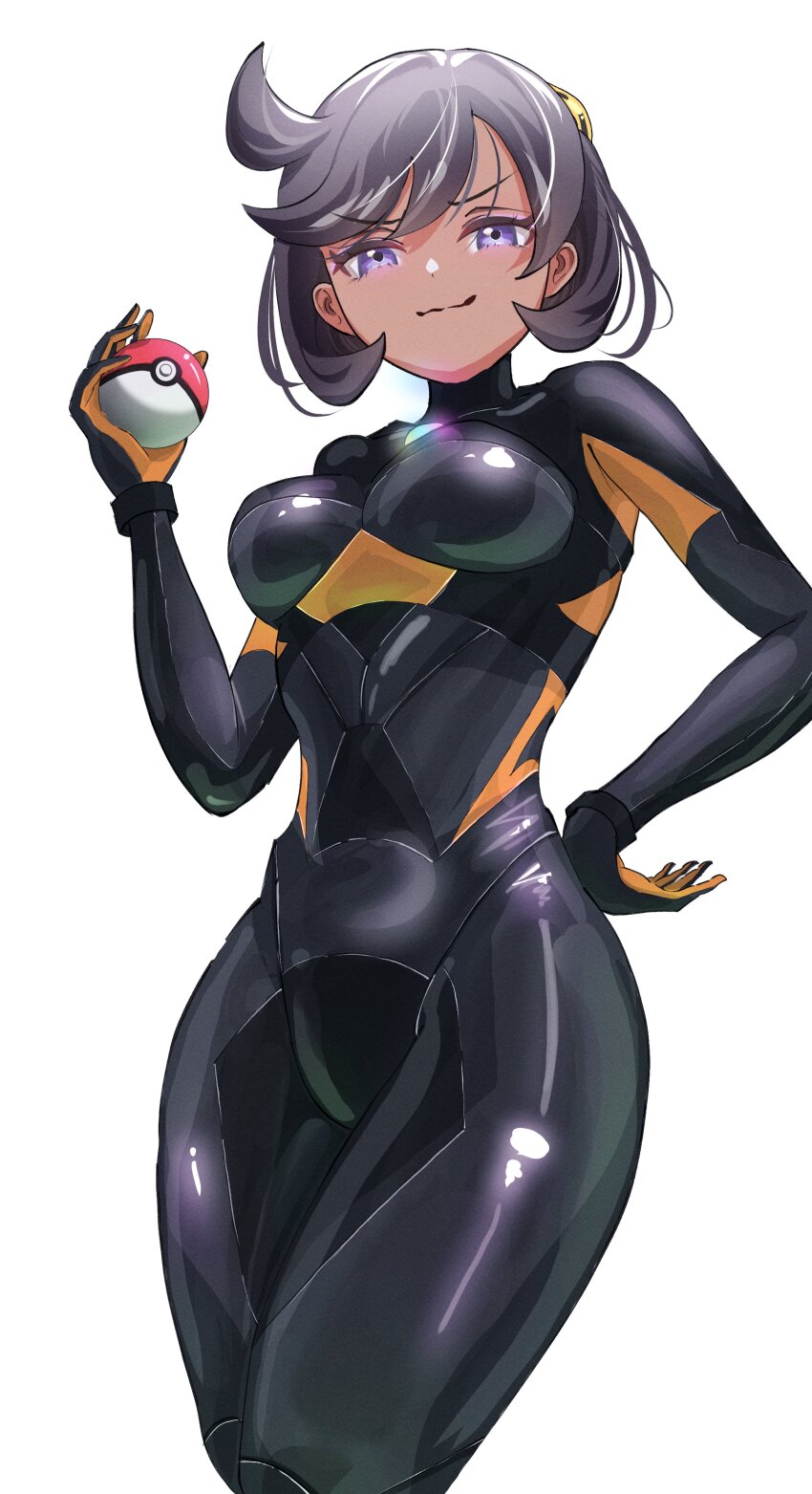 1girl absurdres ahoge black_bodysuit black_hair bodysuit breasts commentary curvy emma_(pokemon) hand_on_own_hip highres holding holding_poke_ball looking_at_viewer nintendo poke_ball pokemon pokemon_legends:_z-a purple_eyes shiny_clothes simple_background skin_tight smile smug solo ver_min27 white_background wide_hips