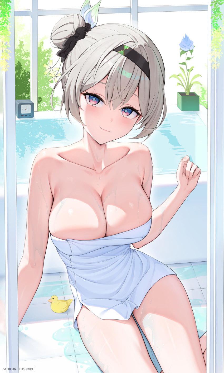 1girl absurdres bare_shoulders bathtub black_hairband blue_eyes blue_flower breasts cleavage clock closed_mouth collarbone commentary_request firefly_(honkai:_star_rail) flower gradient_eyes grey_hair hair_bun hairband hand_up highres honkai:_star_rail honkai_(series) large_breasts looking_at_viewer multicolored_eyes naked_towel on_floor paid_reward_available plant potted_plant purple_eyes rosumerii rubber_duck sitting smile solo thighs tile_floor tiles towel two-tone_eyes water wet window