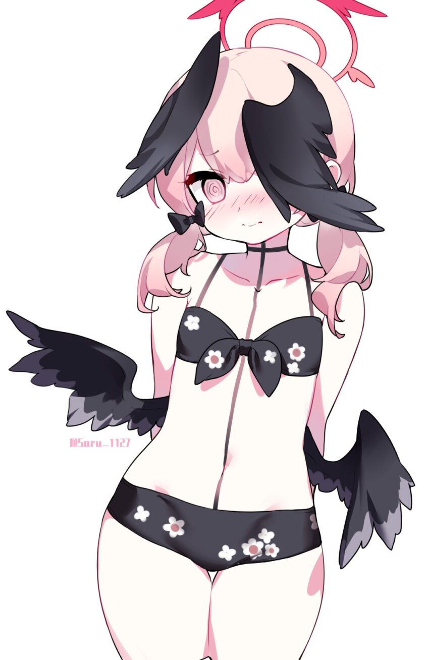 1girl @_@ arms_behind_back artist_name bikini black_bikini black_bow black_wings blue_archive blush bow closed_mouth collarbone commentary_request cowboy_shot feathered_wings flat_chest floral_print front-tie_bikini_top front-tie_top hair_bow halo head_wings highres koharu_(blue_archive) koharu_(swimsuit)_(blue_archive) long_hair low_twintails low_wings navel nose_blush official_alternate_costume one_eye_covered pink_eyes pink_hair pink_halo print_bikini revision saru simple_background solo spaghetti_strap swimsuit twintails twitter_username white_background wings