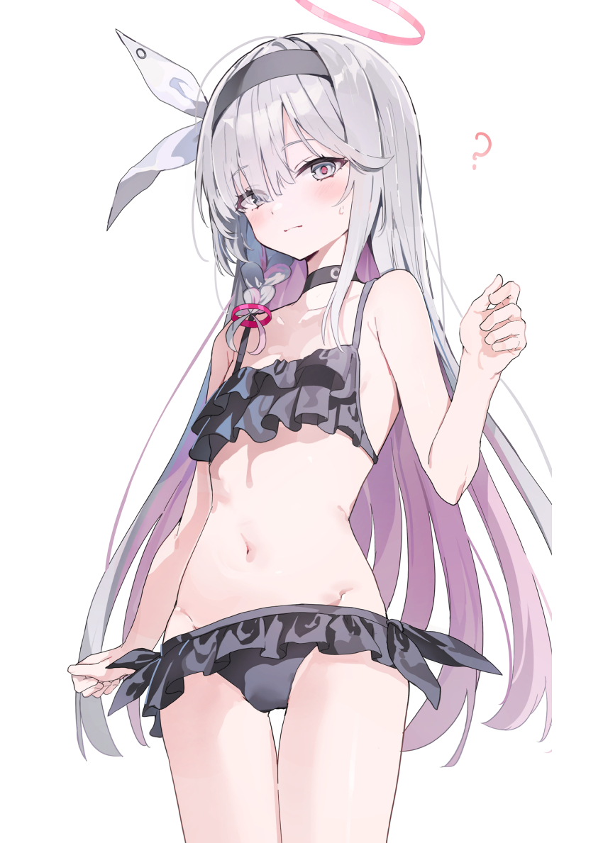 1girl absurdres blue_archive breasts grey_eyes hair_ribbon hairband highres huwari_(dnwls3010) long_hair multicolored_hair plana_(blue_archive) ribbon small_breasts solo two-tone_hair white_hair white_ribbon