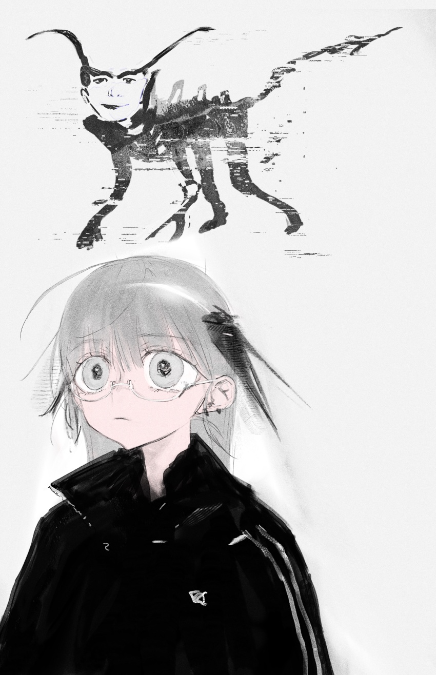 1boy 1girl absurdres ahoge all_fours arms_at_sides black_eyes black_jacket closed_mouth collared_jacket distortion ear_piercing empty_eyes eyelashes fcx4l frown glasses grey_background grey_eyes grey_hair highres horror_(theme) ink ink_splatter jacket limited_palette lips long_hair looking_afar looking_at_viewer monster muted_color negative_space nose original partially_colored piercing semi-rimless_eyewear simple_background smile tail this_man track_jacket upper_body wide-eyed
