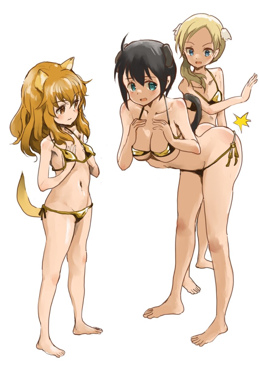 3girls animal_ears ass_smack bikini black_hair blonde_hair blue_eyes breasts brown_hair dog_ears dog_girl dog_tail fernandia_malvezzi gold_bikini highres large_breasts long_hair looking_at_another luciana_mazzei marmot_ears marmot_girl marmot_tail martina_crespi medium_breasts multiple_girls murayama_kei navel short_hair simple_background spanked strike_witches:_kurenai_no_majo-tachi swimsuit tail white_background world_witches_series