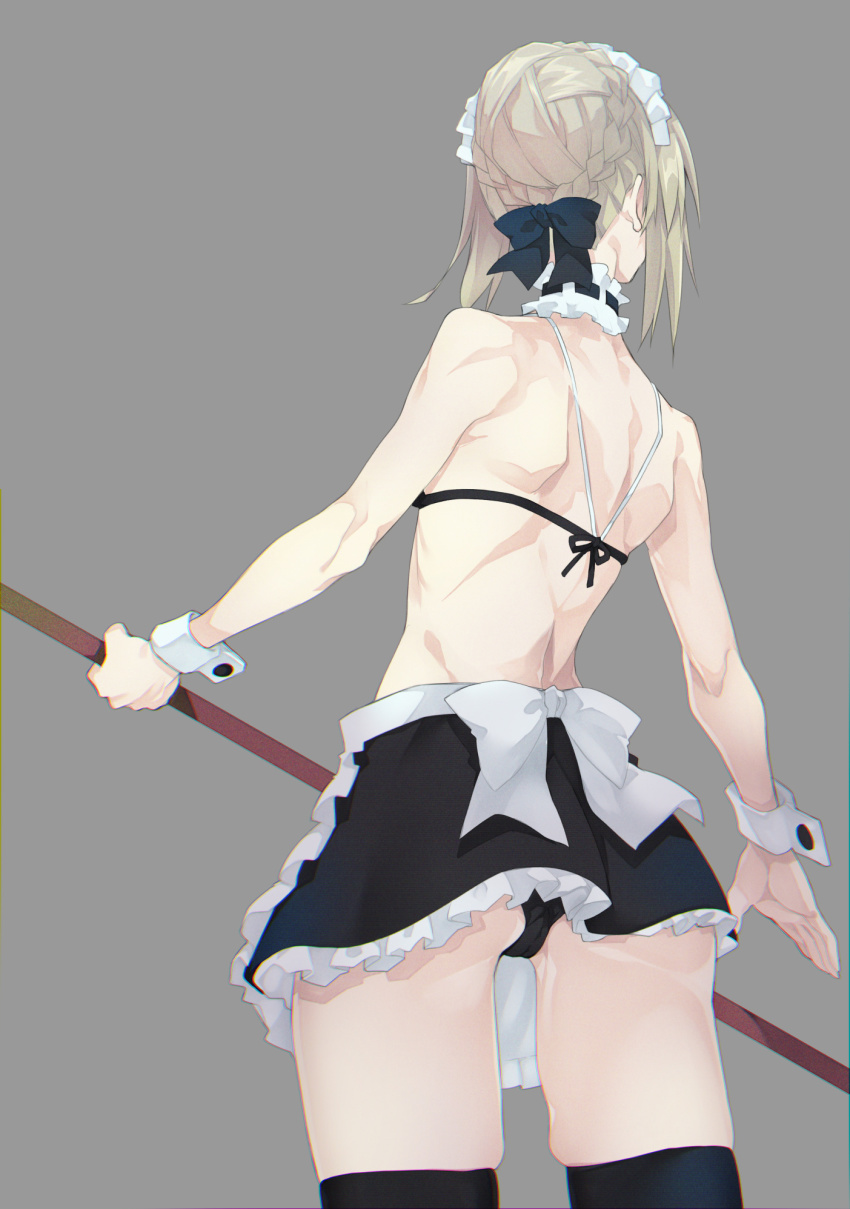 10mo 1girl artoria_pendragon_alter_(swimsuit_rider)_(fate) artoria_pendragon_(fate) back bare_shoulders black_ribbon blonde_hair braid breasts fate/grand_order fate_(series) french_braid hair_bun hair_ribbon highres long_hair maid_headdress medium_breasts ribbon sidelocks thighs