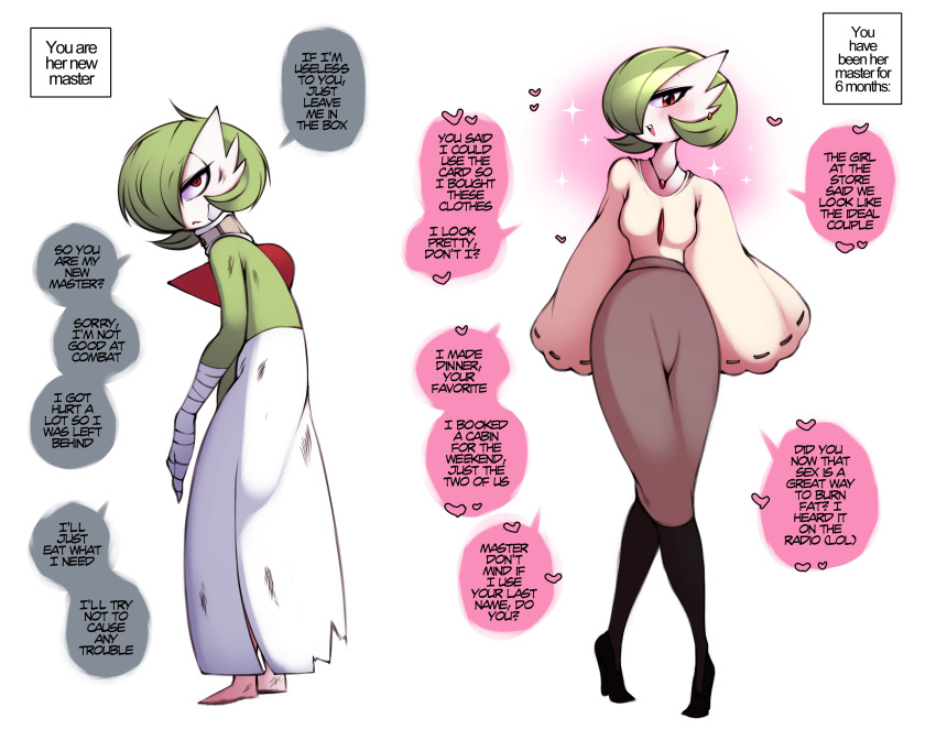 1girl absurdres bandage_on_face bandaged_arm bandaged_hand bandages barefoot black_pantyhose blush bob_cut breasts brown_skirt clothed_pokemon colored_skin crossed_legs earrings english_text female_focus from_side full_body gardevoir gen_3_pokemon good_end green_hair green_skin hair_over_one_eye half-closed_eyes happy heart high-waist_skirt highres injury jewelry leaning_forward long_sleeves looking_at_viewer messy_hair multicolored_skin multiple_views narrow_waist neck_brace necklace nintendo one_eye_covered open_mouth pantyhose pencil_skirt pokemon pokemon_(creature) red_eyes ribbon-trimmed_sleeves ribbon_trim saltyxodium scratches shirt short_hair simple_background skirt small_breasts smile sparkle speech_bubble spoken_heart standing talking teeth two-tone_skin white_background white_skin wide_sleeves yellow_shirt