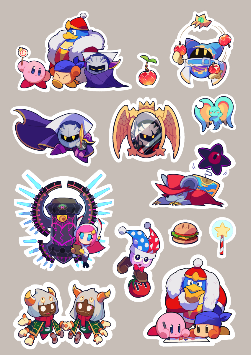 1girl absurdres aluuuuu721 animal_ears armor bandana bandana_waddle_dee blue_bandana blue_eyes cape claws closed_eyes crown dark_meta_knight dark_nebula daroach dimension_mirror disembodied_hand drawing elfilin extra_arms galaxia_(sword) gem_apple gloves grey_background hand_on_own_chin hat highres holding holding_pencil holding_sword holding_weapon horns invincible_candy jester_cap juggling king_dedede kirby kirby_(series) kirby_burger magolor marx_(kirby) master_crown maxim_tomato meta_knight mouse_ears nintendo notched_ear outline pauldrons pencil pink_hair pom_pom_(cheerleading) queen_sectonia rayman_limbs shoulder_armor smile solid_oval_eyes star_dream star_rod susie_(kirby) sword taranza treasure_chest weapon white_hair white_outline
