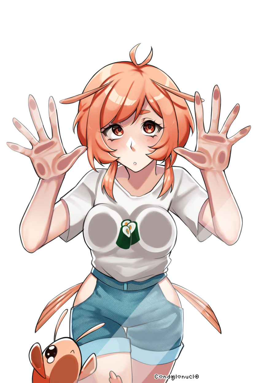 1girl against_glass antenna_hair breast_press breasts_on_glass commission commissioner_upload condylonucla denim denim_shorts highres looking_at_viewer orange_eyes orange_hair original pepper_(teuthidan) shirt_tucked_in short_hair shorts shrimp shrimp_girl signature
