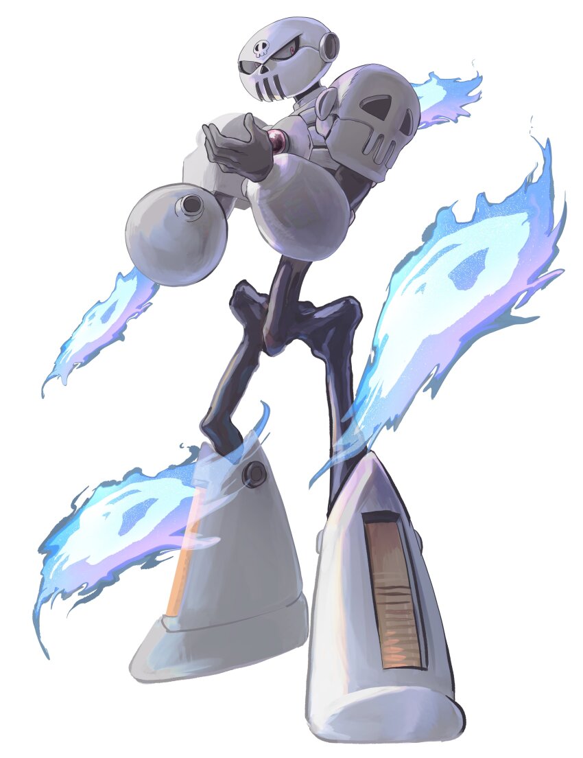 1boy absurdres arm_cannon armor blue_fire fire full_body helmet highres humanoid_robot kazunoko_(nokkonko) mega_man_(classic) mega_man_(series) robot simple_background skull-shaped_hat skull_man solo weapon white_armor white_background white_helmet