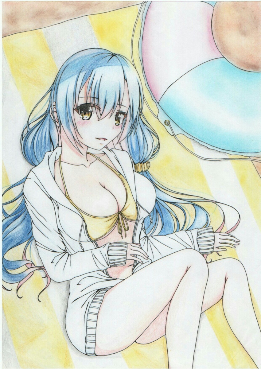 1girl beach bikini blue_hair breasts cleavage highres innertube jacket large_breasts long_hair looking_at_viewer mini_dang01 navel original smile solo summer swim_ring swimsuit traditional_media very_long_hair white_jacket yellow_bikini yellow_eyes