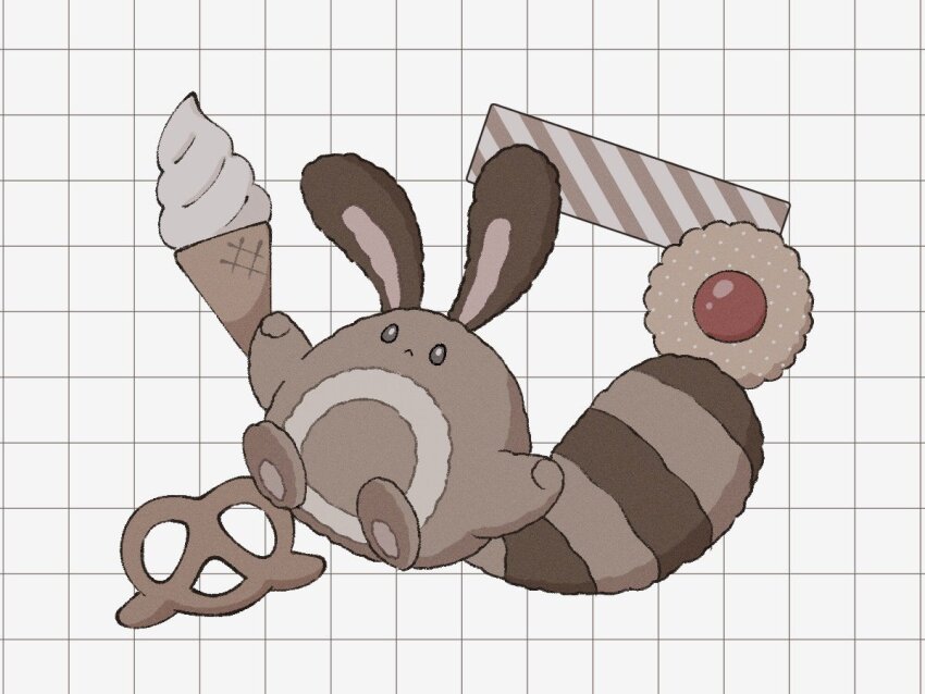 :&lt; brown_eyes brown_tail candy_stick check_food closed_mouth cookie food food_request full_body game_freak gen_2_pokemon grid_background ice_cream ice_cream_cone nintendo no_humans pokemon pokemon_(creature) pokemon_focus pretzel sentret smprfms soft_serve solo striped_tail tail thumbprint_cookie white_background