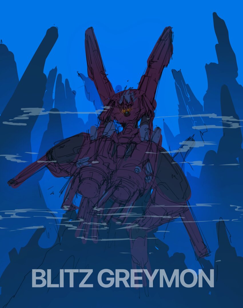 absurdres arm_cannon armor blitzgreymon blue_background character_name cyborg digimon digimon_(creature) dragon full_body glowing glowing_eyes grey_hair helmet highres horns koutei_teki mechanical_wings orange_eyes red_armor red_helmet sketch spiked_hair weapon wings